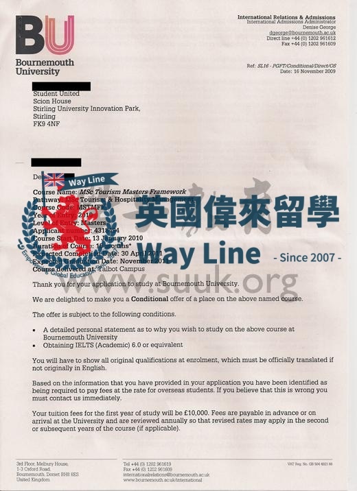 英國伯恩茅斯大學旅遊和酒店管理碩士