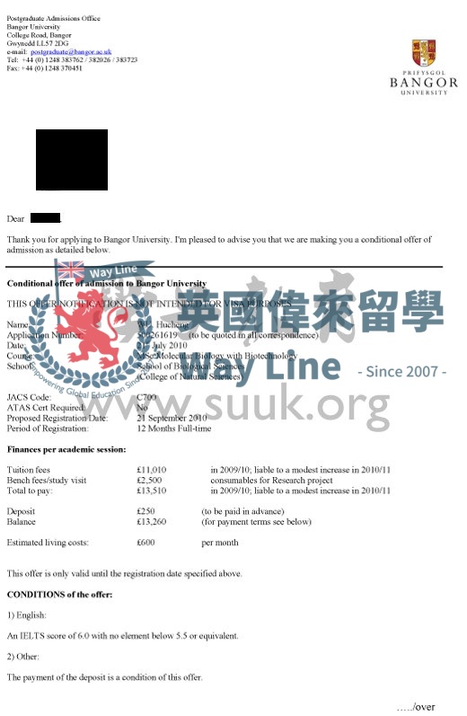 英國班戈大學分子生物學與生物技術學碩士