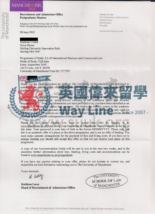 英國曼徹斯特大學國際商務與商業法學碩士