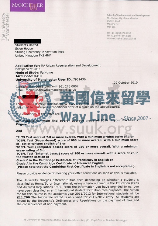 英國曼徹斯特大學城市改造和發展學碩士