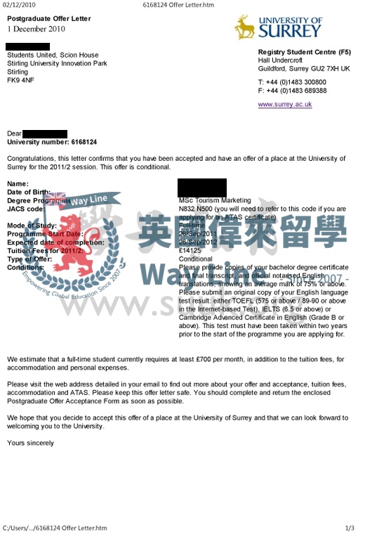 英國薩里大學旅遊營銷學碩士