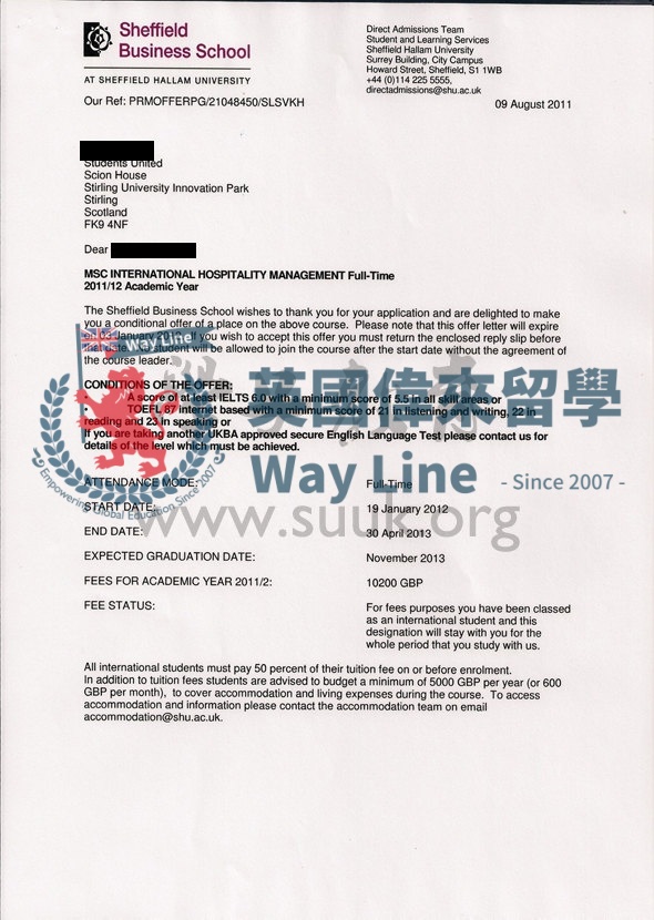 英國謝菲爾德哈雷姆大學國際酒店管理學碩士