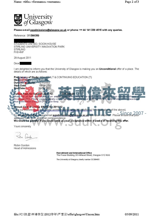 英國格拉斯哥大學成人教育和繼續教育學碩士