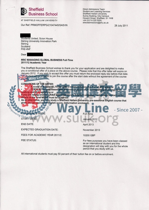 英國謝菲爾德哈雷姆大學管理全球商務學碩士