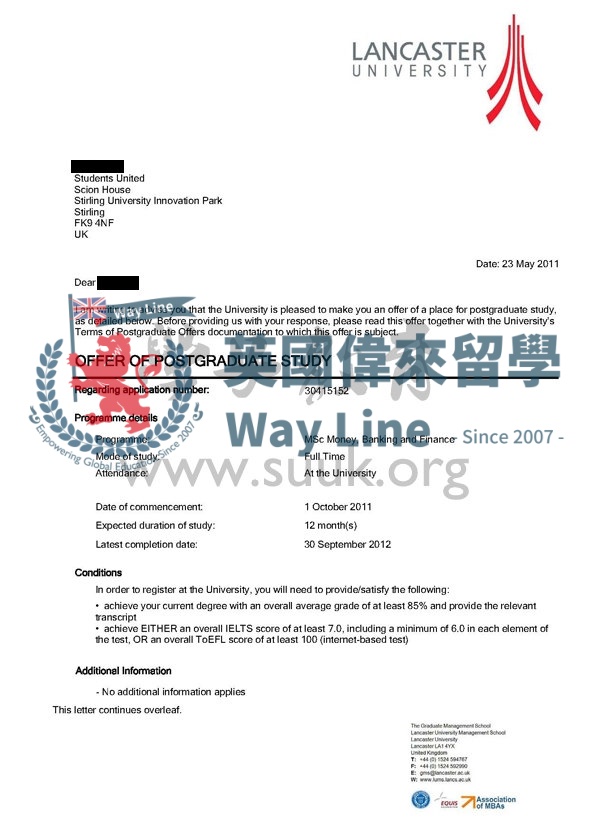 英國蘭卡斯特大學貨幣，銀行和金融學碩士