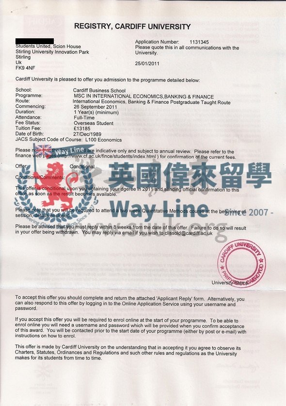 英國卡迪夫大學國際經濟，銀行和金融學碩士