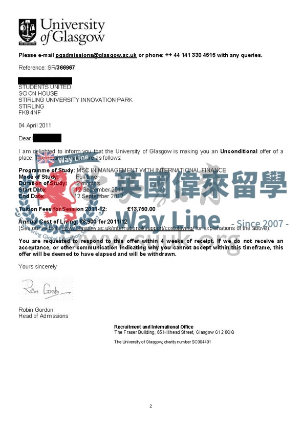 英國格拉斯哥大學管理和國際金融學碩士
