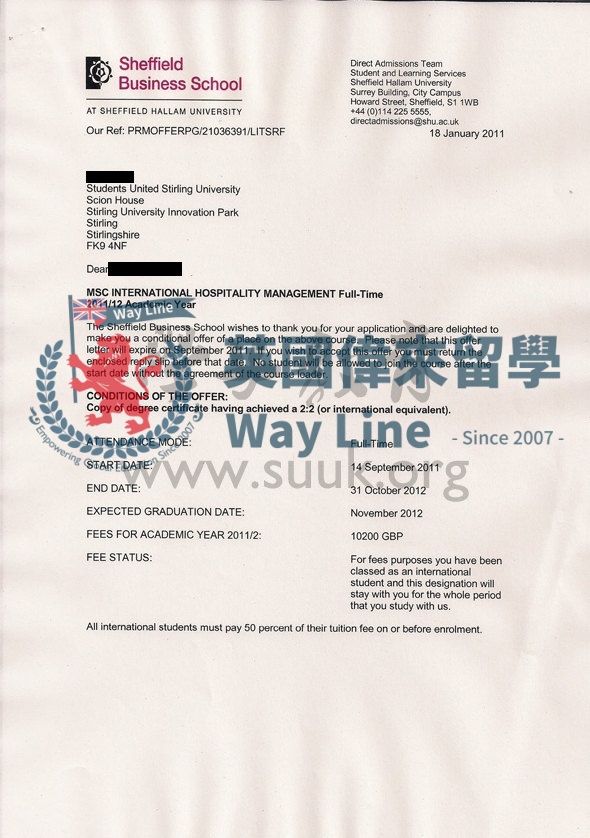 英國謝菲爾德哈雷姆大學國際酒店管理學碩士