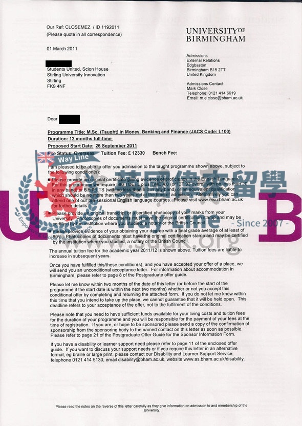 英國伯明翰大學貨幣，銀行和金融學碩士