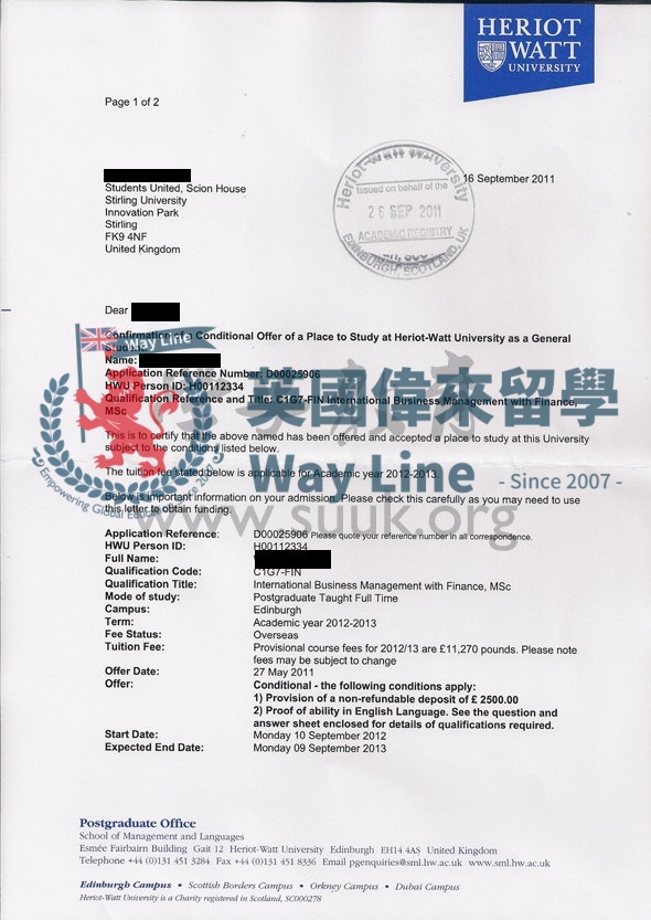 英國愛丁堡赫瑞瓦特大學國際商務管理和金融學碩士