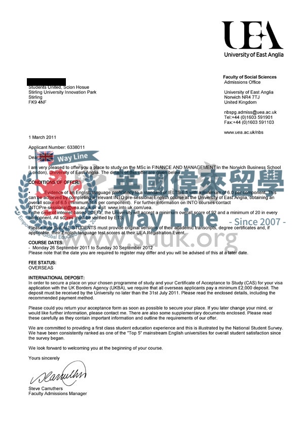 英國東英格利亞大學金融和管理學碩士