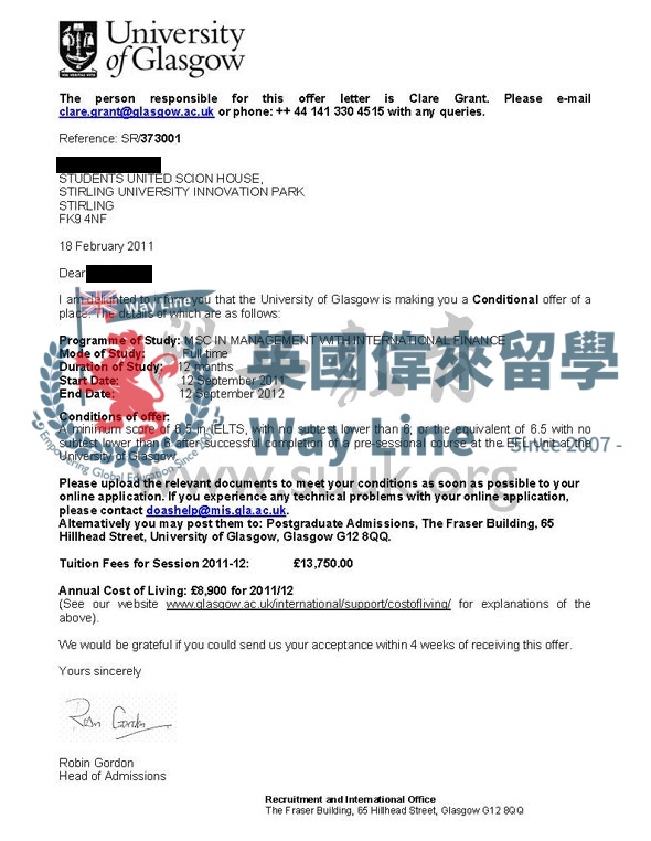 英國格拉斯哥大學管理和國際金融學碩士