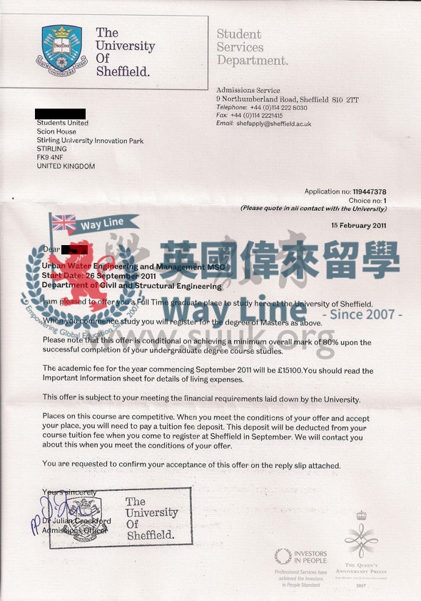 英國謝菲爾德大學城市供水工程和管理學碩士