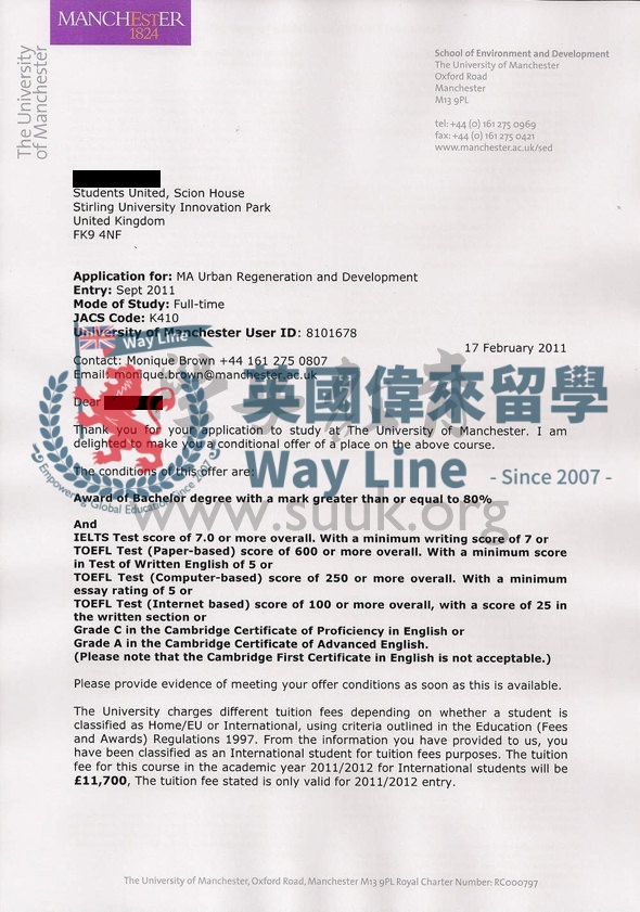 英國曼徹斯特大學城市改造和發展學碩士