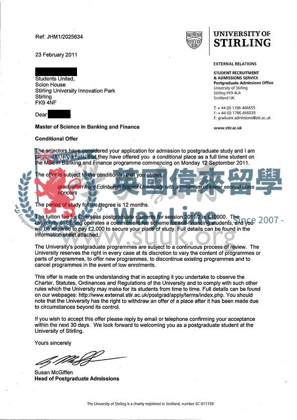 英國斯特林大學銀行和金融學碩士