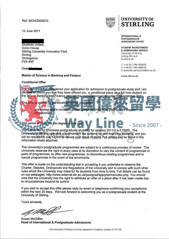 英國斯特林大學銀行和金融學碩士