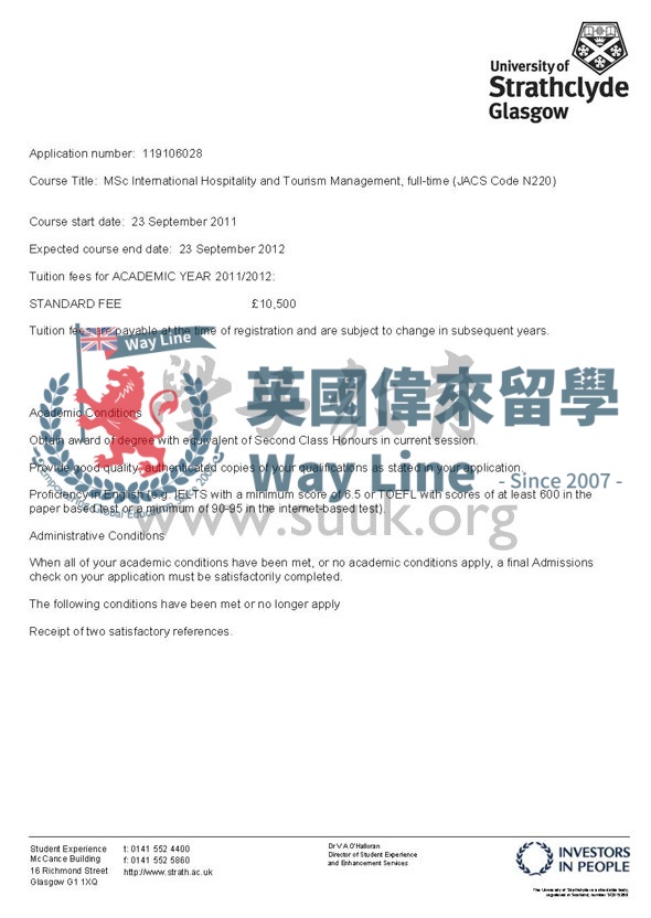 英國格拉斯哥斯特拉斯克萊德大學國際酒店和旅遊管理學碩士
