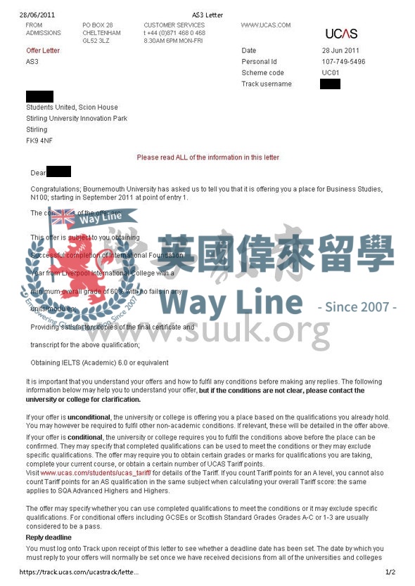 英國伯恩茅斯大學商務學本科