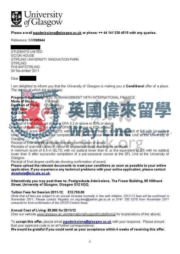 英國格拉斯哥大學管理和國際金融學碩士