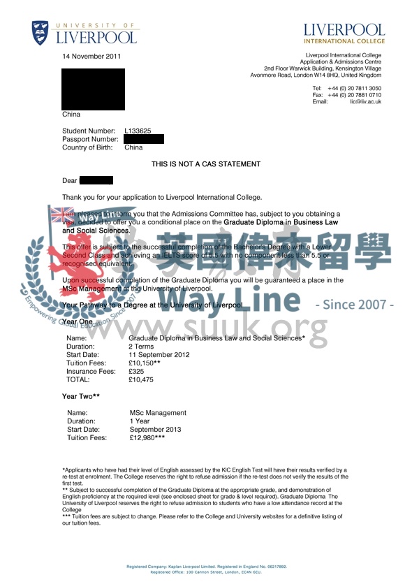 英國利物浦大學商務法律和社會科學碩士預科