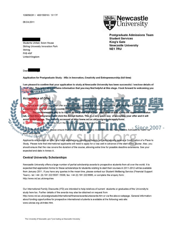 英國紐卡斯爾大學創新，創造和創業學碩士