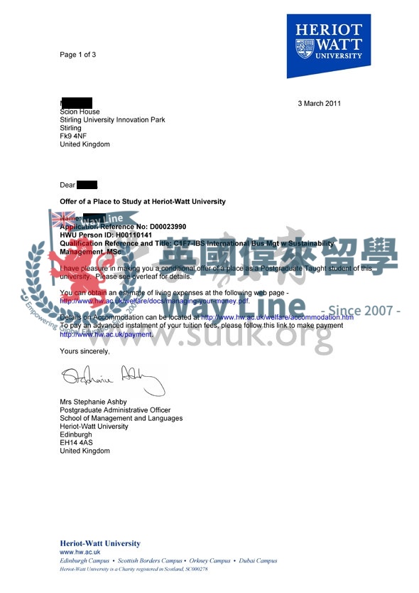 英赫瑞瓦特大學國際商務管理和持續性管理學碩士