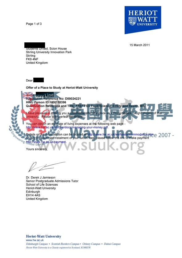 英國赫瑞瓦特大學食品科學，安全和健康學碩士