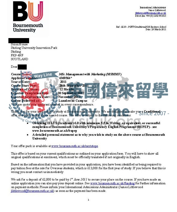 英國伯恩茅斯大學市場營銷管理學碩士