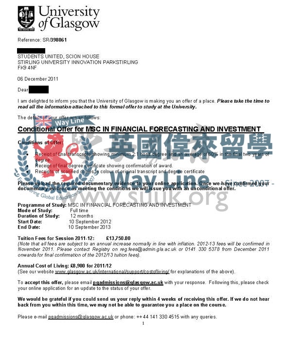 英國格拉斯哥大學金融預測和投資學碩士