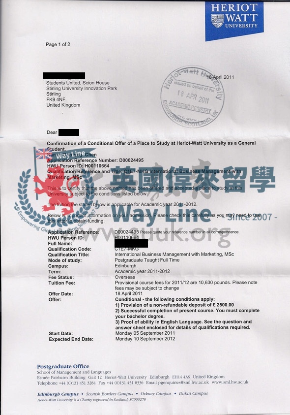 英國赫瑞瓦特大學國際商務管理和市場營銷學碩士