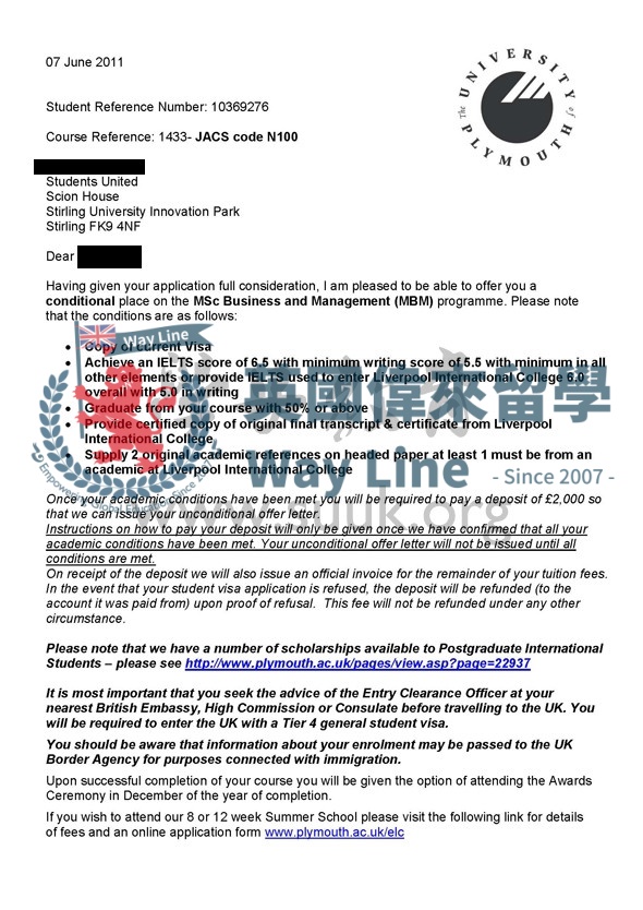 英國普利茅斯大學商務和管理學碩士