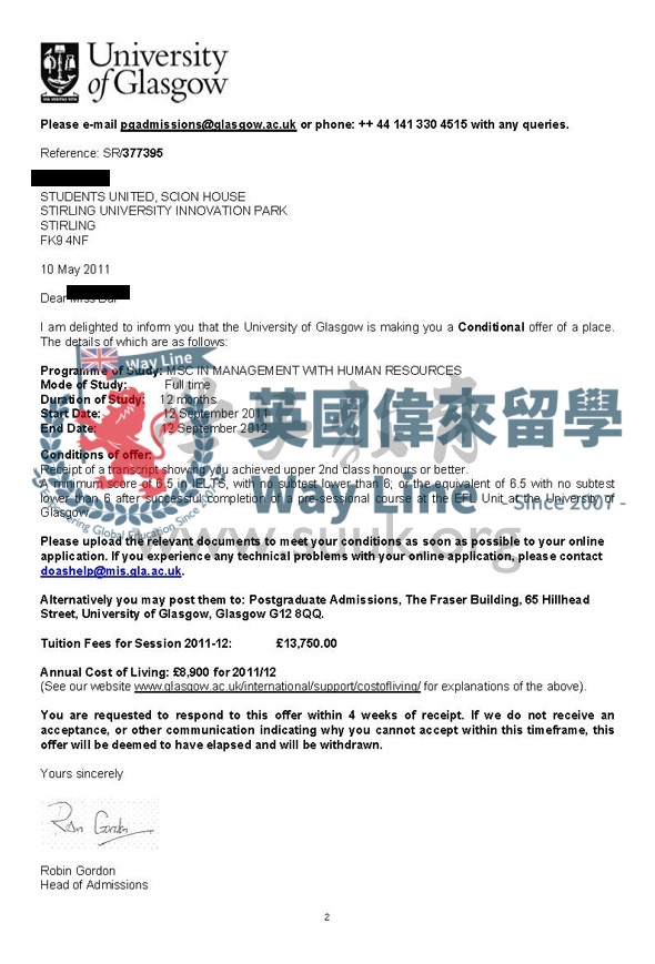 英國格拉斯哥大學管理和人力資源學碩士