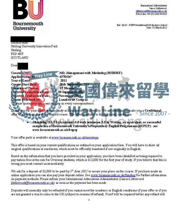 英國伯恩茅斯大學管理和市場營銷學碩士