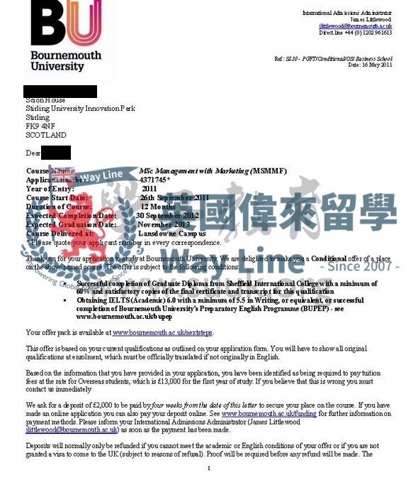 英國伯恩茅斯大學管理與市場營銷學碩士