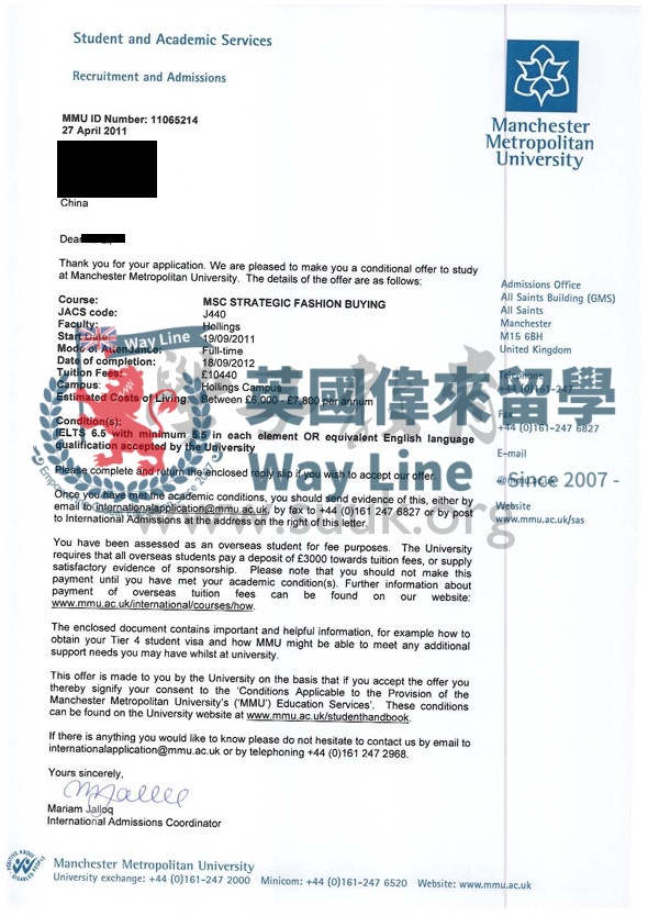 英國曼徹斯特城市大學戰略時裝採購學碩士