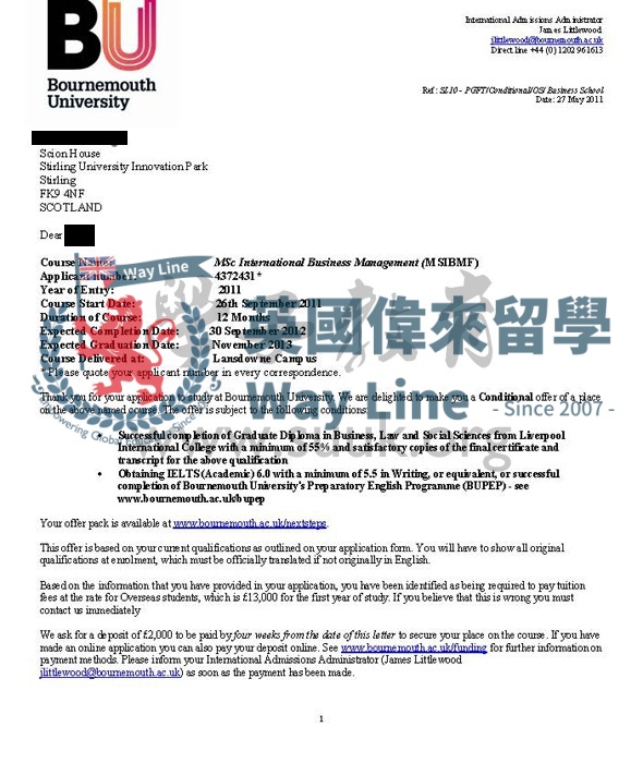 英國伯恩茅斯大學國際商務管理學碩士