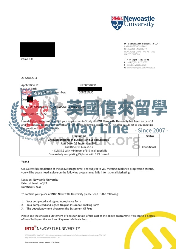 英國紐卡斯爾大學商務和社會科學碩士預科