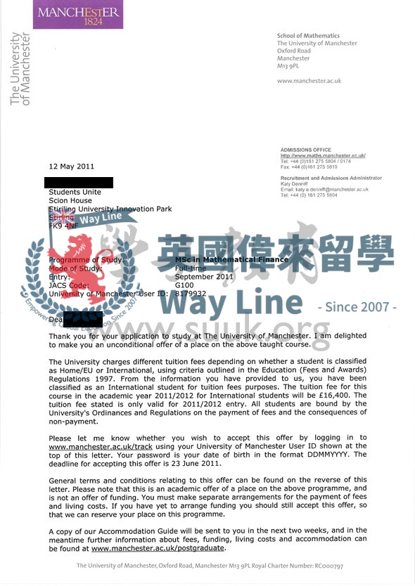 英國曼徹斯特大學數學金融學碩士