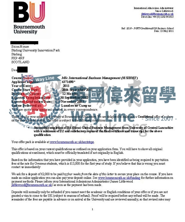 英國伯恩茅斯大學國際商務管理學碩士