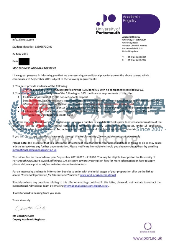 英國朴茨茅斯大學商務和管理學碩士