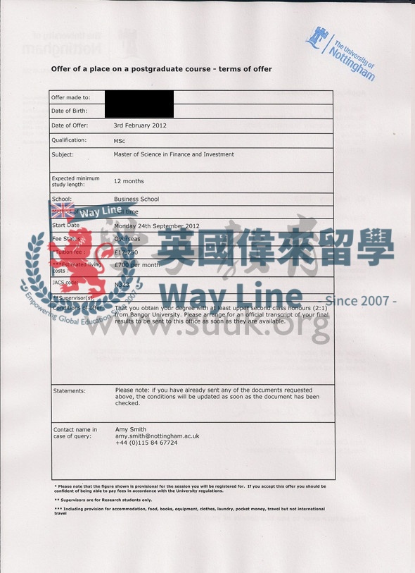 英國諾丁漢大學金融和投資學碩士