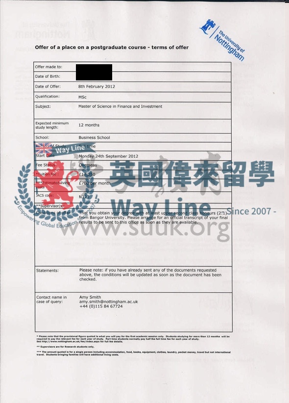 英國諾丁漢大學金融和投資學碩士