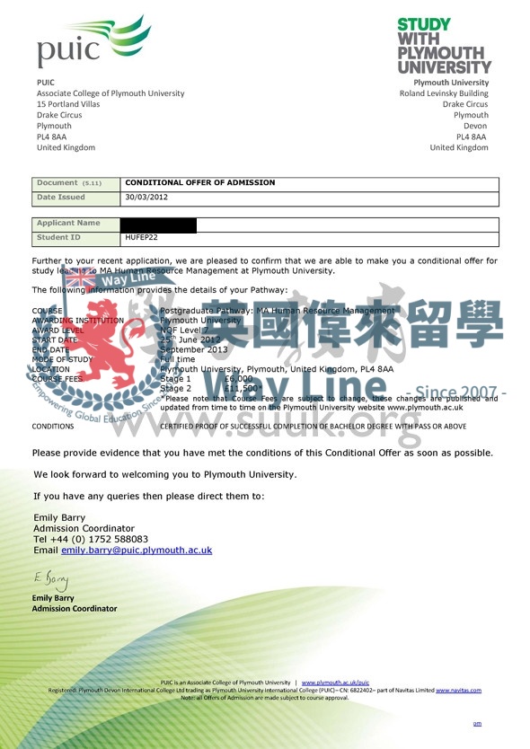 英國普利茅斯大學碩士預科+人力資源管理學碩士