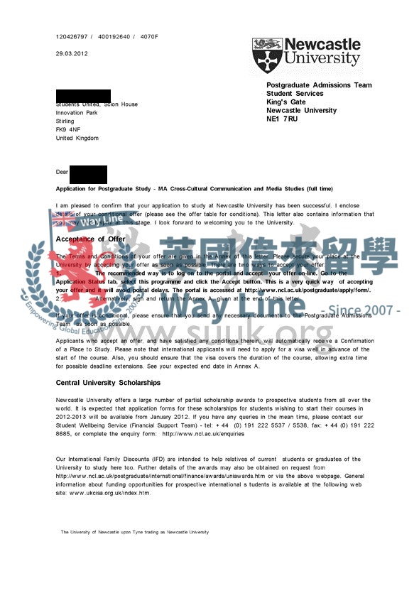 英國紐卡斯爾大學跨文化通信和傳媒學碩士