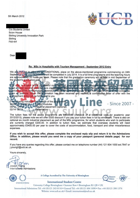 英國伯明翰大學學院酒店和旅遊管理學碩士