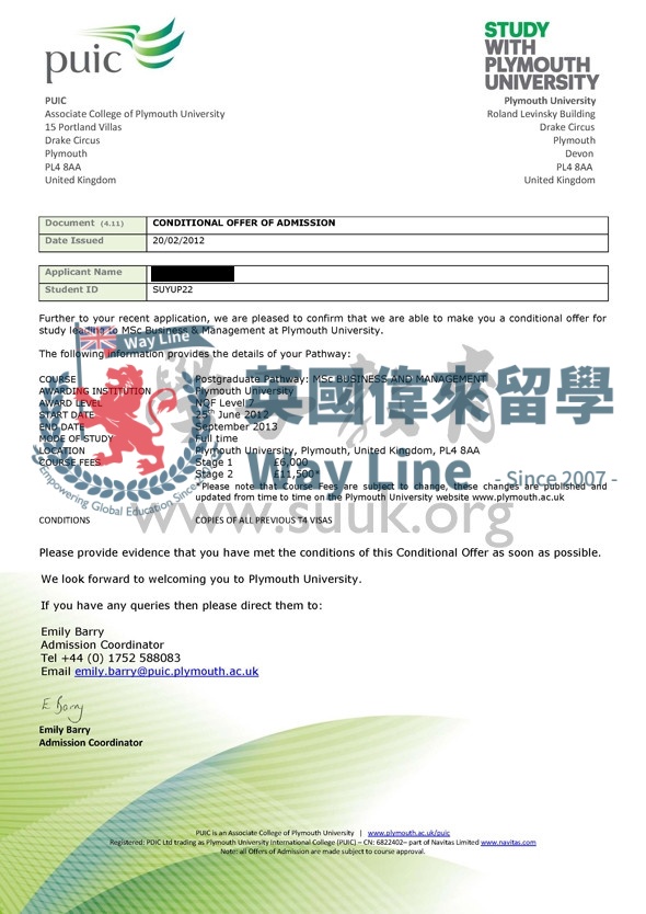 英國普利茅斯大學碩士預科+商務和管理學碩士