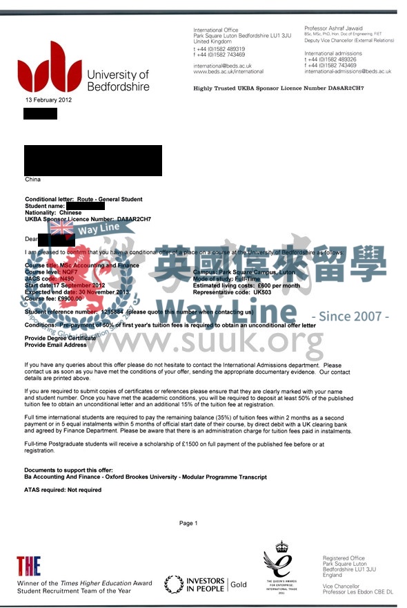 英國貝德福德大學會計和金融學碩士