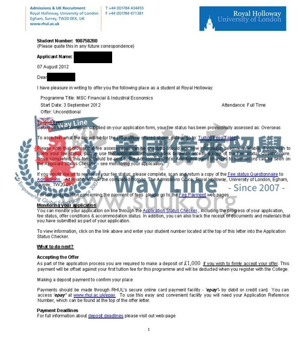 英國皇家霍洛威倫敦大學金融與工業經濟學碩士