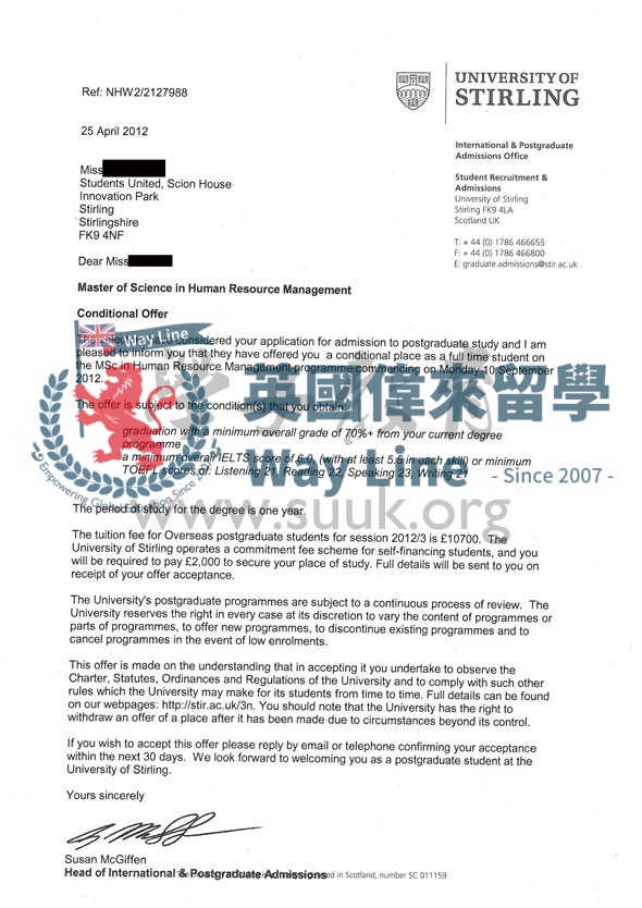 英國斯特林大學人力資源管理學碩士