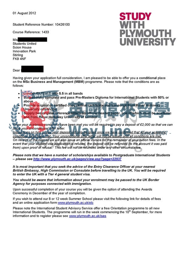 英國普利茅斯大學商務和管理學碩士